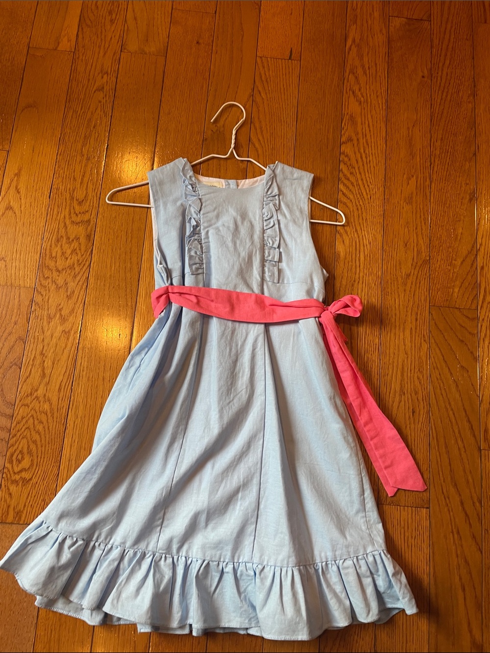 Girls Light Blue Ruffle Dress with Pink Sash